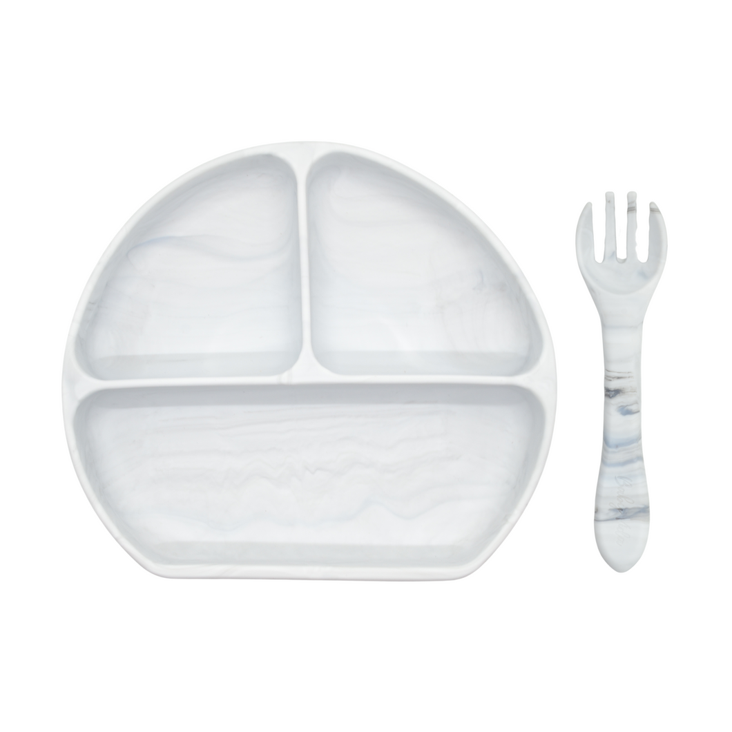 Silicone Suction Plate w/ Fork (Marble)