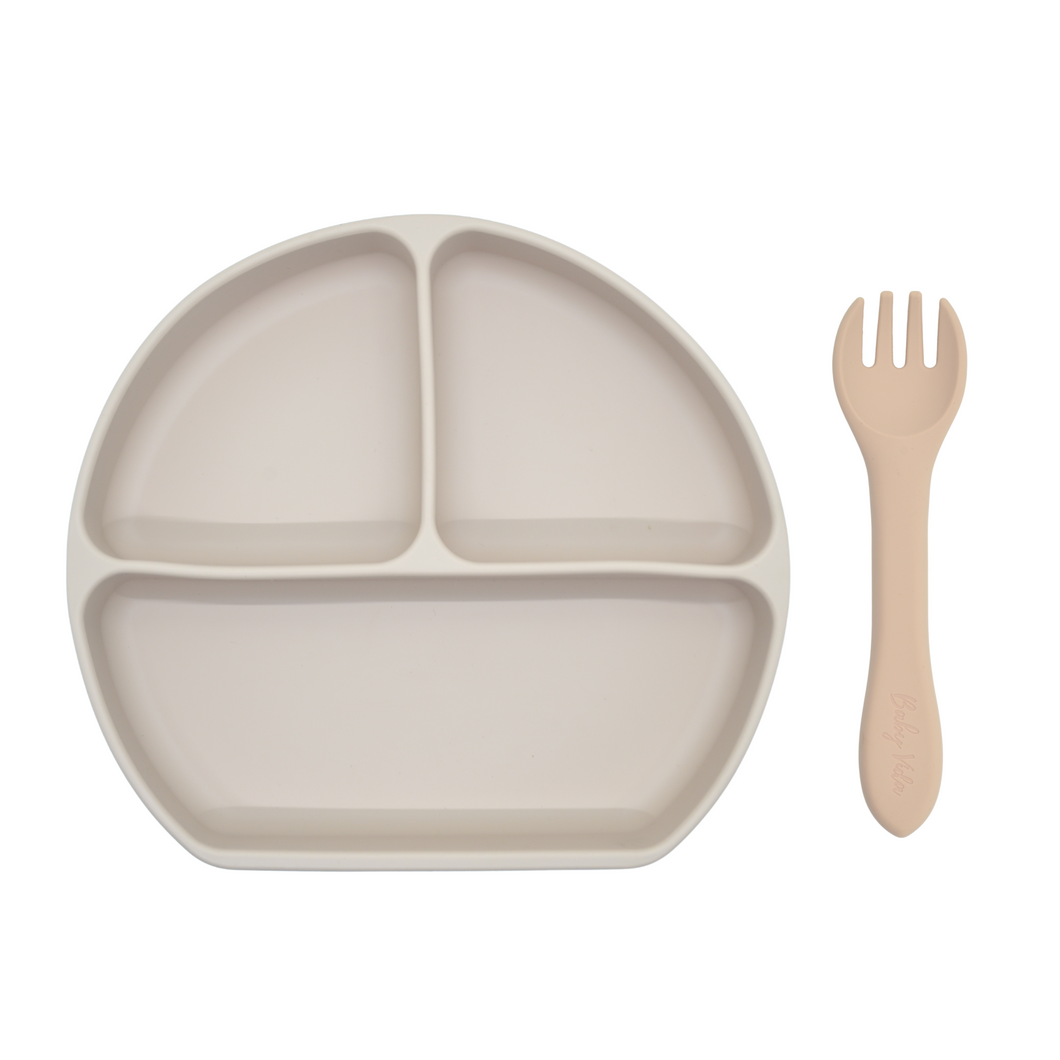 Silicone Suction Plate w/ Fork (Oatmeal)